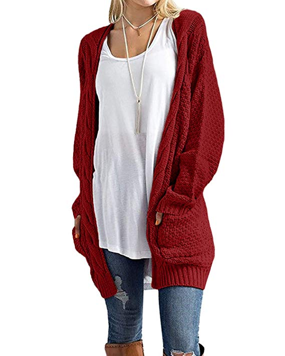 CNFIO Womens Long Sleeve Sweater Cardigan Open Front Loose Chunky Outwear with Pockets