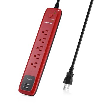 Poweradd 5-Outlet Surge Protector Portable Power Strip with Dual Smart USB Ports 6ft Extension Cord Red