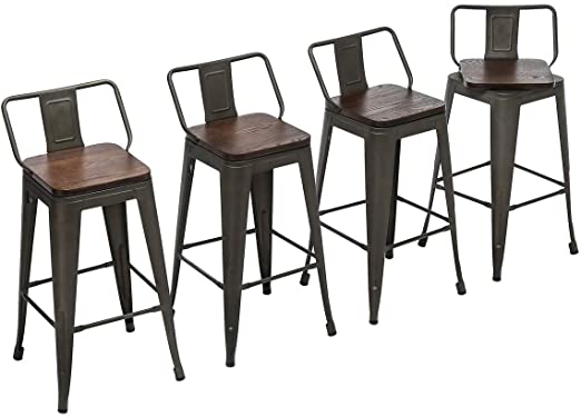 Yongchuang Swivel Bar Stools with Back Counter Height Stools Industrial Metal Stools Set of 4 (Swivel 26", Wood Top Gunmetal)