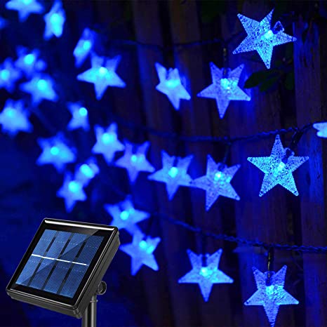 50FT 120 LED Star Shaped Solar String Lights Blue,Waterproof Outdoor Fairy Lights Solar Powered for Garden,Gazebo,Pergola,Hanukkah Decorations,Landscape,Balcony,Outside Christmas Tree Decorations
