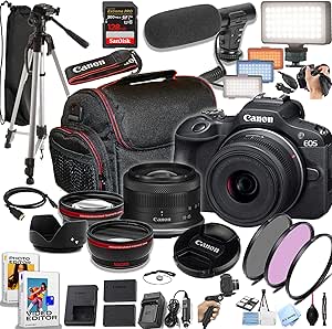 Canon EOS R100 24.2MP APS-C CMOS Sensor Mirrorless Camera with 18-45mm Lens, 128GB Extreme Speed Memory, Video Light, Microphone, Grip, Filters, Lenses, Case, Software, More (Premium Bundle) (Renewed)