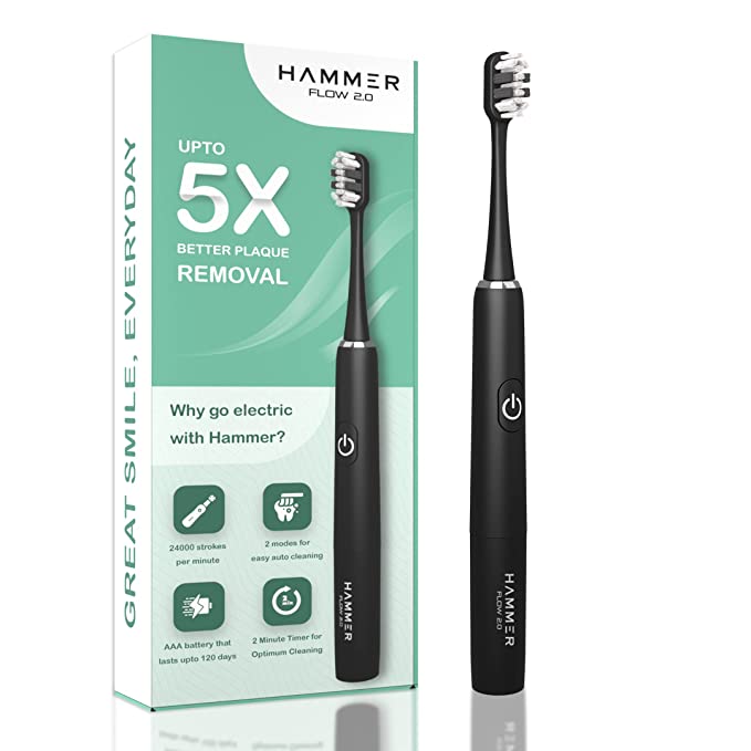Hammer Flow 2.0 Electric Toothbrush and 2 Replaceable Brush Heads for Men and Women, 2 Brushing Modes, AAA Battery, Waterproof, Super-Soft Bristles, Electric Brush (Black)