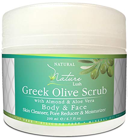 Best Natural & Organic Greek Body Scrub - Almond, Olive Grains & Aloe Vera – Exfoliating Skin, Pore Reducer & Cleanser. Detoxifying, Hydrating & Ultra Moisturizing Formula 6.7oz