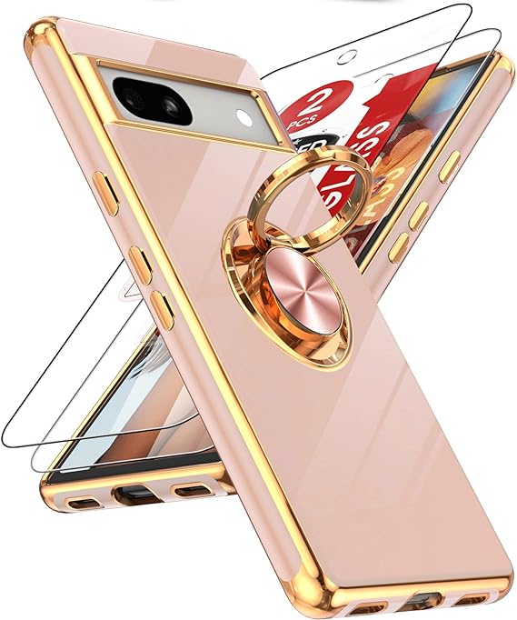 LeYi for Pixel 7A Case: with Tempered Glass Screen Protector [2 Pack] 360° Rotatable Ring Holder Magnetic Kickstand, Plating Rose Gold Edge Protective Case, Pink