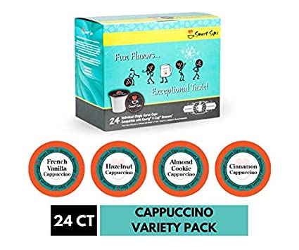 Smart Sips, Gourmet Flavored Cappuccino Variety Sampler Pack - Cinnamon, Hazelnut, Almond Cookie, French Vanilla- 24 Count Compatible With All Keurig K-cup Brewers