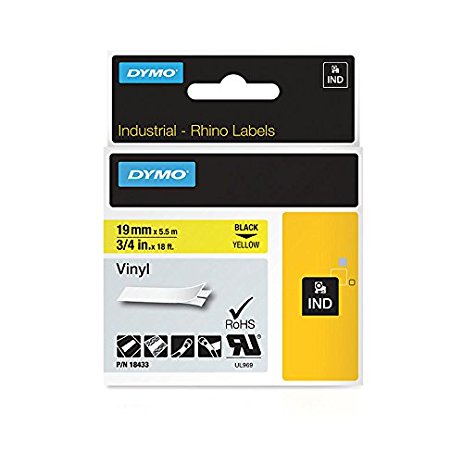 DYMO Industrial Labels for DYMO Industrial RhinoPro Label Makers, Black on Yellow, 3/4", 1 Roll (18433)