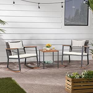 OC Orange-Casual 3 Piece Outdoor Rocking Bistro Set, Patio Wicker Furniture Conversation Set Chairs with Coffee Table and Cushion for Garden, Yard, Porch, Balcony, White