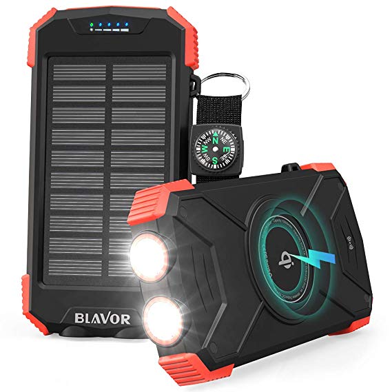 BLAVOR Solar Power Bank, Qi Portable Charger 10,000mAh External Battery Pack Type C Input Port Dual Flashlight, Compass (IPX4 Splashproof, Dustproof, Shockproof, Solar Panel Charging, DC5V/2.1A Input)