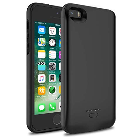 iPhone 5/5S/SE Battery Case, Wavypo 4000mAh Ultra Slim Extended Rechargeable Charger Case External Battery Pack Portable Power Bank Protective Charging Case for iPhone 5, 5S, SE (Black)