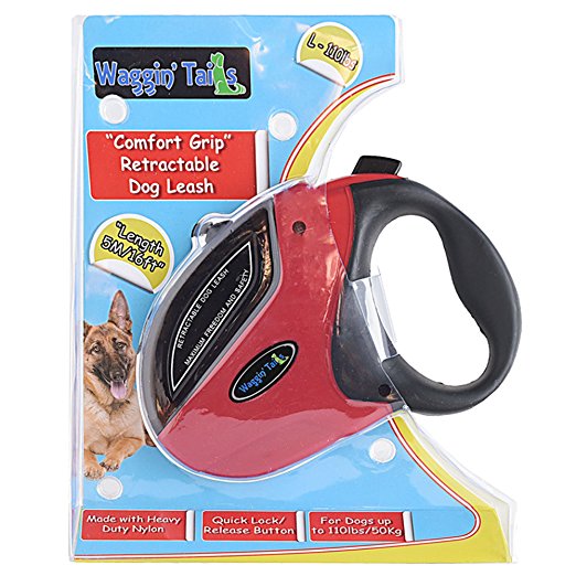 "Comfort Grip" Retractable Dog Leash 16FT Premium Nylon Tape Leash for Small, Medium or Large Dogs up to 110lbs by Waggin Tails Co