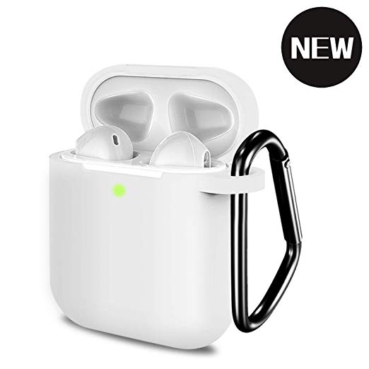 AirPods Case Airpod Case Cover Portable & Protective Silicone Skin Cover Case with Carabiner(Front LED Visible) Shockproof Resistant Cover Case Compatible with Airpods 2&1 Solid Color Case(White)