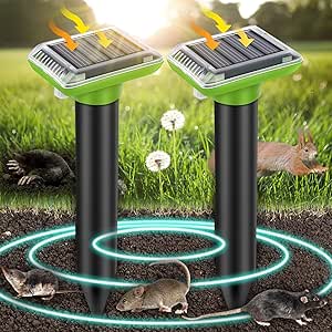 Solar Mole Repellent, Ultrasonic Gopher Repeller Outdoor, Solar Powered Waterproof Snake Repellent Deterrent Gopher Vole Snake Pest and Other Rodent Animals from Lawn Garden Yard Home(2 Packs)