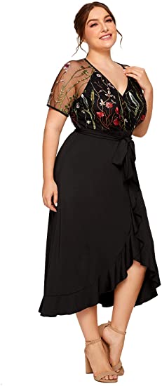 Milumia Plus Size Short Sleeves Wrap V Neck Belted Empire Waist Asymmetrical High Low Bohemian Party Maxi Dress