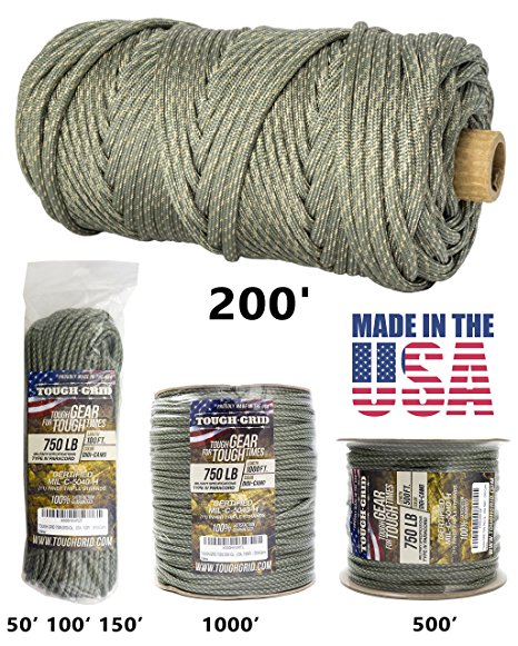 TOUGH-GRID 750lb Paracord / Parachute Cord - Genuine Mil Spec Type IV 750lb Paracord Used by the US Military (MIl-C-5040-H) - 100% Nylon - Made In The USA.