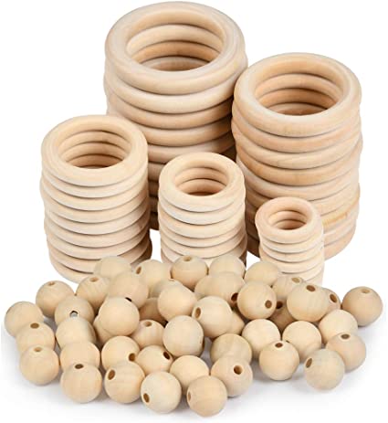 TIMESETL 150 Pcs Unfinished Solid Wooden Rings and Natural Round Wood Spacer Beads Without Paint for Necklace Bracelet Jewelry DIY Macrame Craft Making, Plant Hangers, Connectors