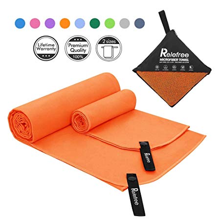 Relefree Microfiber Towels, 2 Pack Sports, Beach, Travel Towel- Fast Drying, Ultra Absorbent and Compact. Suitable for Camping, Beach, Gym, Swimming, Backpacking.