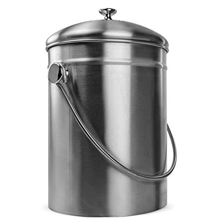 Innovative Home Stainless Steel Compost Bin Can with Double Filtered Lid, 1.3 Gallon