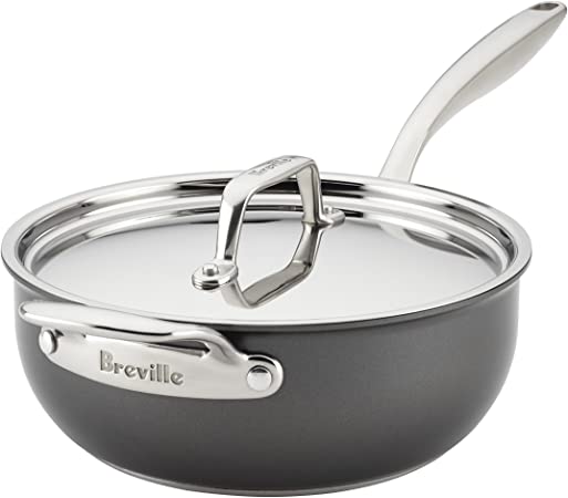 Breville Thermal Pro Hard Anodized Nonstick Sauce Pan/Saucepan/Saucier with Lid and Helper Handle, 4 Quart, Gray