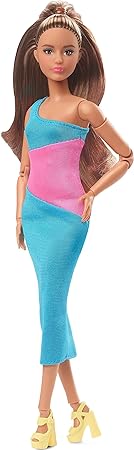 Barbie Looks Doll with Brown Hair Dressed in One-Shoulder Pink and Blue Midi Dress, Posable Made to Move Body Small For 6 years and older