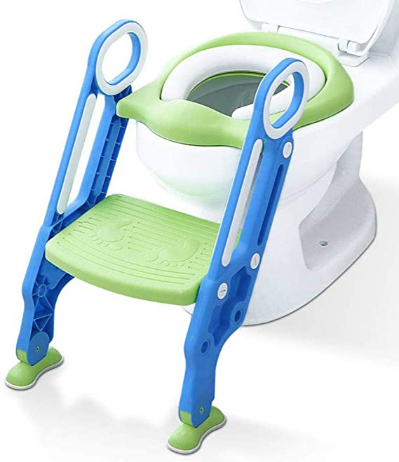 Mangohood Potty Training Toilet Seat with Step Stool Ladder for Boys and Girls Baby Toddler Kid Children Toilet Training Seat Chair with Handles Padded Seat Non-Slip Wide Step(Blue Green)
