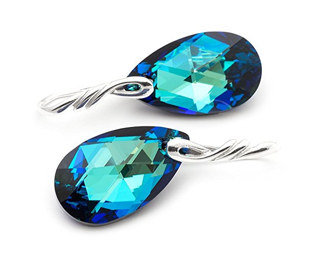 Bermuda Blue Swarovski almond drop big crystal sterling silver 925 bridal earrings 1.4 in
