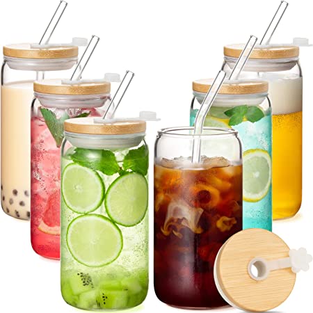 Glass Cups with Bamboo Lids and Glass Straws, 16oz Beer Can Shaped Drinking Glasses Set of 6, Beer Glasses Iced Coffee Cups Glass Tumbler Cute Cups for Smoothie Cocktail Wine Whiskey Tea Soda Water