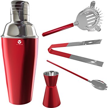 Vremi Bartending Set with Cocktail Shaker - 5 Piece Bartender Kit in Stainless Steel with Martini Strainer - Bar Tools and Supplies also include Ice Tongs Stirrer and Jigger Shot Glass - Red