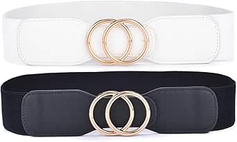 Beltox Women’s Elastic Stretch Wide Waist Belts w Double Rings Gold/Silver Buckle