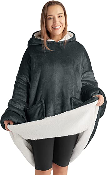 CozyLux Wearable Blanket Hoodie Gifts for Women kids Oversized Sweatshirt with Hood and Pockets Presents for Women Grey