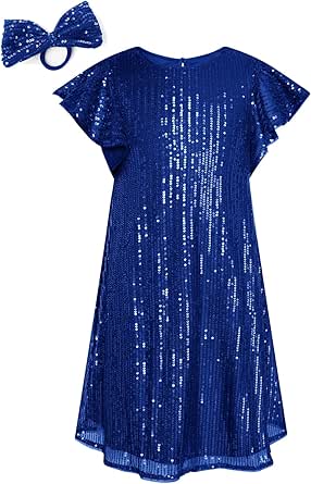 GRACE KARIN Girls Sequin Dress Short Flutter Sleeve Flare Silhouette Midi Dress with Hairbow 5-12Y