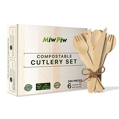 Miw Piw Disposable Wooden Forks, Spoons, Knives Set 200 - Alternative to Plastic Cutlery - Biodegradable Replacements