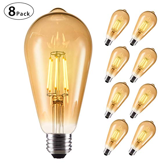 LED Edison Bulbs, OxyLED 8 Pack 6W Vintage Style LED Filament Light Bulbs, 60W Equivalent, E26 Base, Warm White 2700K 600 Lumen, Antique ST64 Amber Glass Bulb for Home Bathroom Kitchen Dining Room