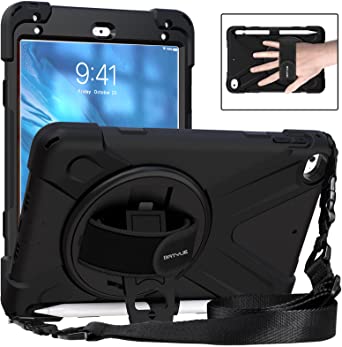 BATYUE iPad Mini 5 Case,iPad Mini 4 Case, Heavy Duty Shockproof Protective Rugged Case with Pencil Holder,Hand Strap,Kickstand, Shoulder Strap for iPad Mini 5th/4th Gen 7.9 Inch for Kids (Black)