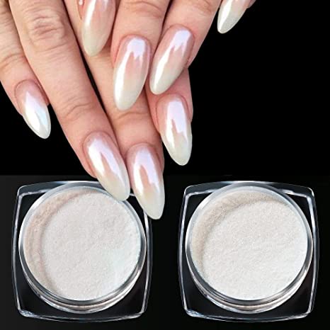 PrettyDiva Pearl Chrome Nail Powder - 2 Colors Pearl Powder Ice Transparent Aurora Chrome Nail Powder, High Gloss Pearlescent Glitters Iridescent Powder Metallic Pigment for Nails