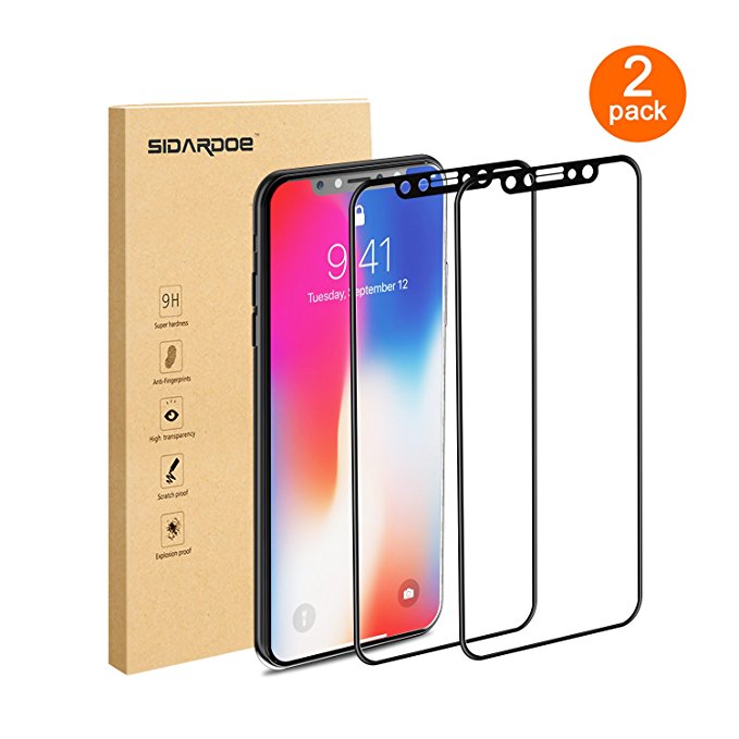 iPhone X Screen Protector [4D FULL COVERAGE FILM], SIDARDOE [2 PACK] [9H HARDNESS] [EASY INSTALLATION] [High RESPONSIVITY] Tempered Glass Screen Protector for Apple iPhone X [BLACK]
