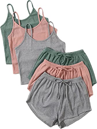 SheIn Women's 3 Sets Rib Knit Lounge Set Crop Cami Top and Tie Front Shorts Sleepwear Pajama Set