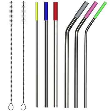 Extra Long Stainless Steel Metal Straws - Fits Yeti, RTIC, SIC, Ozark Trail Tumblers, Set of 6 (6mm, 8mm, 10mm wide) with 6 Soft Silicon Tips & 2 Free Cleaning Brushes