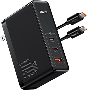 Baseus USB C Charger, 140W Wall Charger PD 3.1 with 3.3ft USB C to C Cable, 3-Port GaN5 Charger for MacBook Pro 16'', iPad, iPhone 14/13 Series, Galaxy, Laptops, Steam Deck, Black