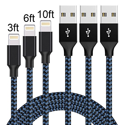 Lightning Cable,ONSON Charger Cables 3Pack 3FT 6FT 10FT to USB Syncing and Charging Cable Data Nylon Braided Cord Charger for iPhone 7/7 Plus/6/6 Plus/6s/6s Plus/5/5s/5c/SE and more (Black Blue)