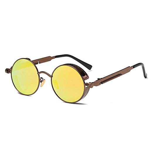 AMZTM Small Round Steampunk Women and Men Sunglasses Metal Frame Mirrored Reflective Lens Polarized Glasses