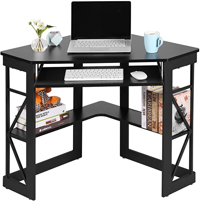 VECELO Corner Computer Writing Table with Smooth Keyboard Tray & Storage Shelves, Compact Home Office Desks,Black