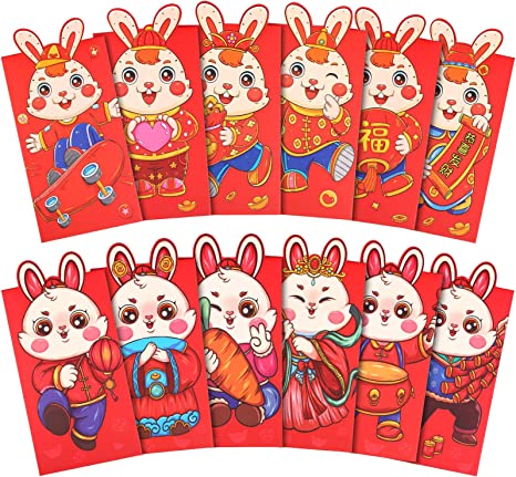 LEMESO 24 Pcs Chinese New Year Red Envelopes 2023, Rabbit Year Lucky Money Packet, 'TU' Year Hongbao Gift, 12 Style Cartoon Rabbit Design, Spring Festival Party Supplies