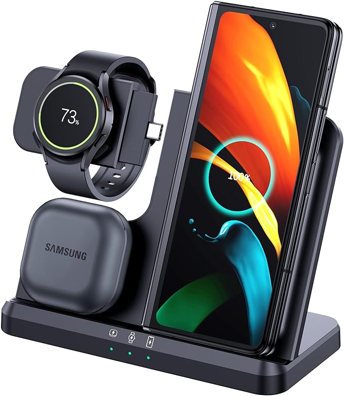 3 in 1 Wireless Charging Station for Samsung S23 Ultra S21 S20 Note20 Z Flip 4/3 Z Fold Galaxy Buds, Galaxy Watch 6/5 Pro/4/3/Active 2/1