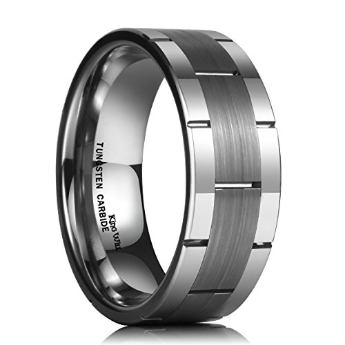 King Will CLASSIC 8mm Comfort Fit Flat Top Brushed Center Tungsten Carbide Ring Grooved Wedding Band