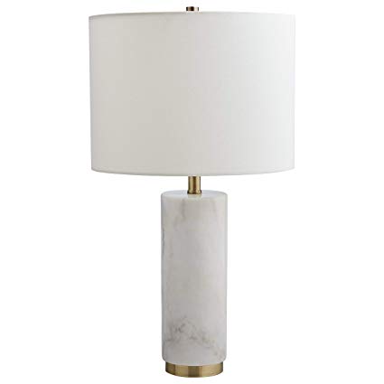 Rivet Mid Century Modern Marble Pillar Table Desk Lamp With Light Bulb - 4 x 4 x 22 Inches, White Marble and Brass