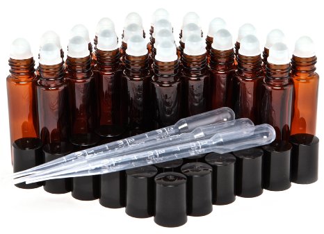 24 New, High Quality, Amber, 10 ml Glass Roll On Bottles with 3 - 3 ml Dropper's