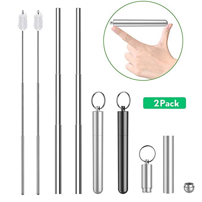 Collapsible Straw, 2 Pack Reusable Drinking Straw Portable Telescopic Stainless Steel Metal Straw Keychain with 2 Aluminum Case and Cleaning Brush for Travel, Home, Office, FDA Approved (Black&Silver)