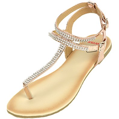 alpine swiss Womens Slingback T-Strap Rhinestone Ankle Strap Thong Sandals