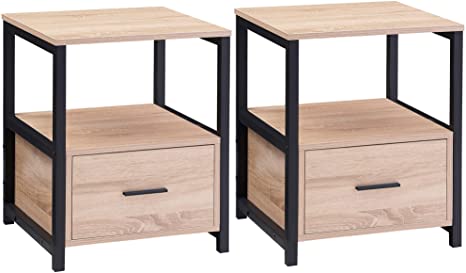 VECELO Nightstand Set of 2 with Drawer Modern Square End Side Table for Storage Open Shelf in Bedroom, Living Room, Small Space, Stable Metal Frame, Oak, 2 Pack