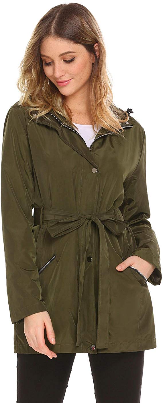 pasttry Casual Hooded Active Outdoor Windbreaker Coat Waterproof Rain Jacket with Belt
